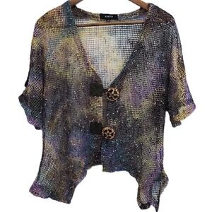 Womens L Mesh Open Top Boho Artistic Layered‎ Statement Sheer Festival Blouse